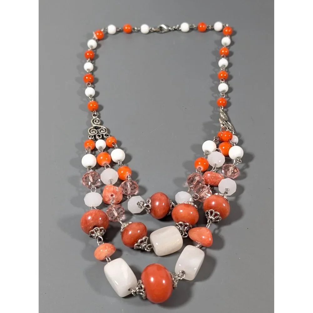 Boho Coastal Chic‎ White Orange Brown Stone Layered Necklace 17
